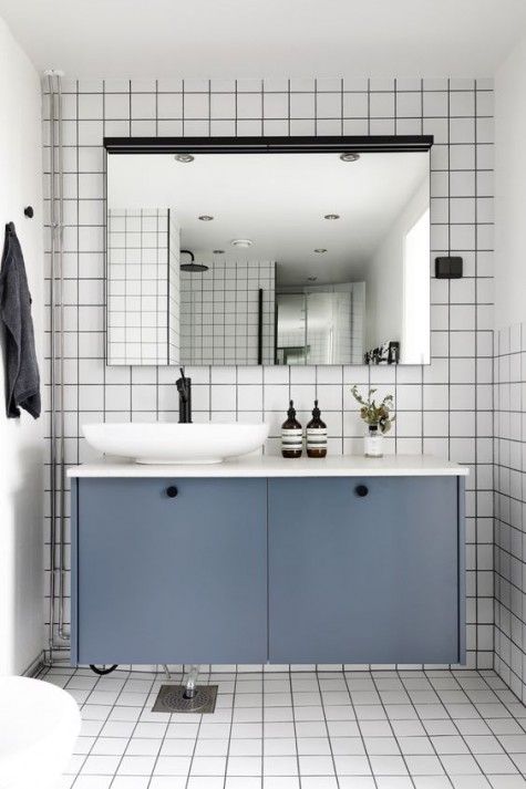 IKEA Metod cabinets painted slate grey and used as a floating bathroom vanity