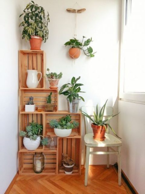 a wooden crate shelving unit acts as a garden with potted greenery, a great idea for decorating a small balcony