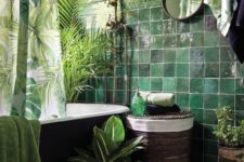 08 dark green tiles paired with light green wall, lots of greenery and a tropical print curtain for a tropical feel