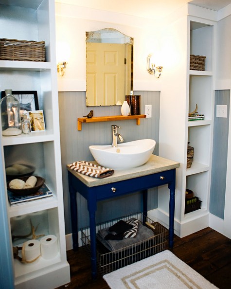 two Ikea Kallax shelving units are used as effective and comfy open storage units are amazing for every bathroom