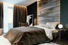 11 a sleek weathered wood headboard coming up to the ceiling and accented with LED lights from each side
