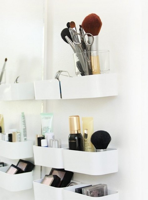 an Ikea Pluggis system is used to create your perfect makeup storage solution in your bathroom