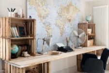 14 an oversized rustic desk made of crates and a long wooden plank tabletop is an easy DIY and its gives you much storage space
