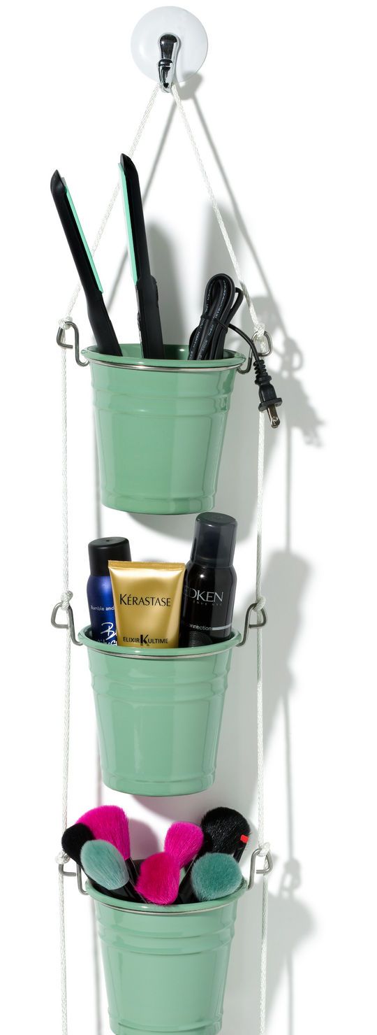 Ikea Fintorp Cutlery Caddies hung on ropes are used to store all the necessary makeup supplies