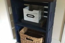 15 a small entryway console of navy crates, a dark stained tabletop and metal legs is a very cool idea for a small space