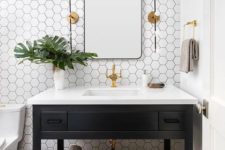 15 white hex tiles with black grout will make your black and white space non-boring