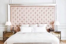 17 a blush tufted headboard with a shiny frame is a perfect match for a glam-inspired bedroom liek this one