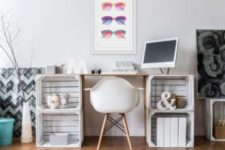 18 a cute and simple desk of whitewashed crates and a neutral tabletop for a relaxed space
