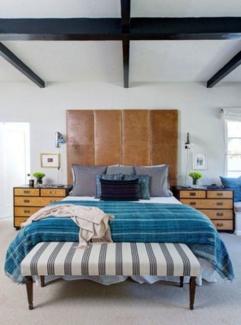 a tall brown leather headboard of several parts can be easily DIYed by you for your sleeping space