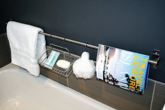 an Ikea Grundtal rail plus some containers can be used as a cool and simple shower caddy