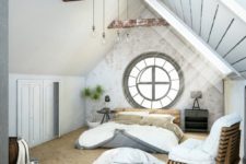 an eclectic bedroom with a large porthole window at the headboard as a decorative accent