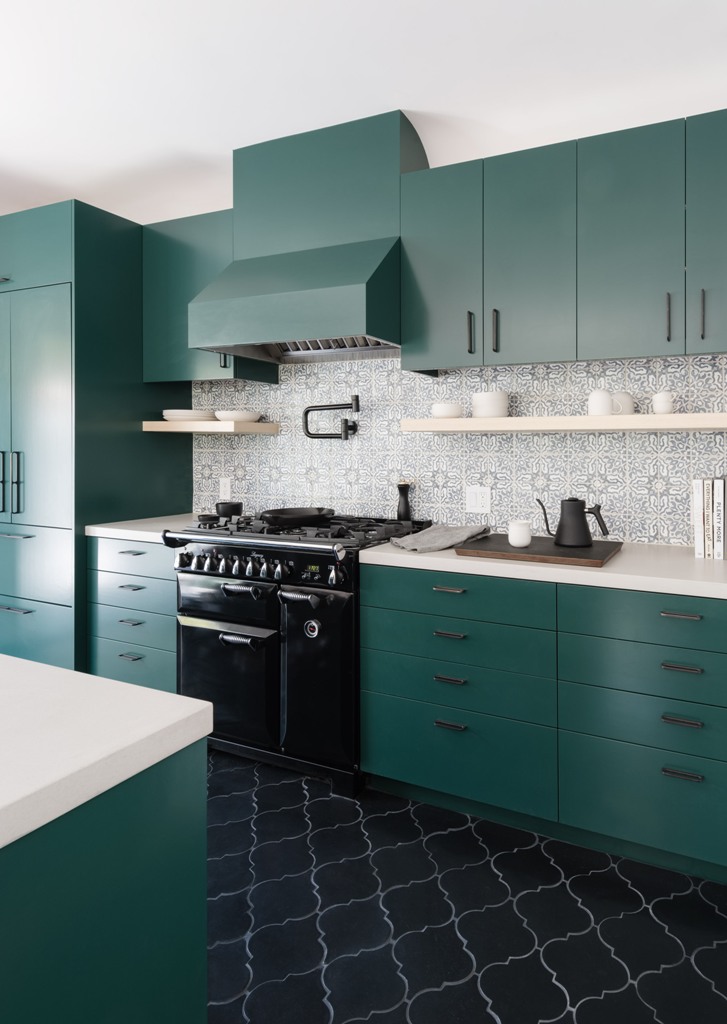 an awesome modern kitchen design with green cabinets