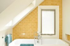 03 sunny yellow subway tiles to create an accent wall are a nice touch of fall color to your bathroom
