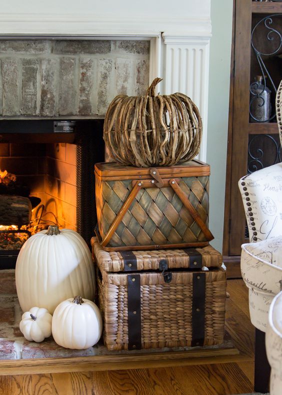 use the same wicker chests and baskets where you usually store towels and pillows for fall decor