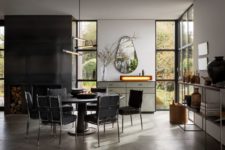 a dining space with black touches