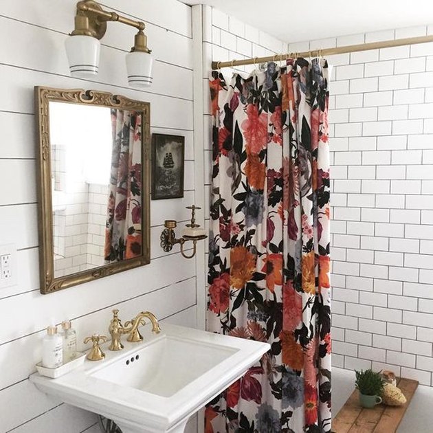 a floral shower curtain in bold fall blooms is a cool and easy accent to feel like fall