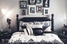 a monochromatic bedroom spruced up with printed pillows, a bold scary gallery wall and some more artworks