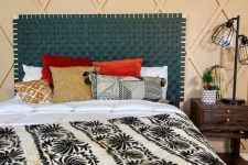 a woven teal leather headboard is a chic idea for a boho bedroom and it brings much color to it