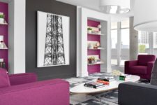 03 a monochromatic living room in grey and white was refreshed with fuchsia wall accents and furniture pieces