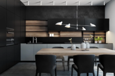06 a minimalist black kitchen made cozier and more welcoming with a wooden backsplash and a wooden table next to it