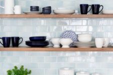 06 stylish minimalist shelves in front of a blue tile wall look outstanding and will make your objects displayed the best way possible