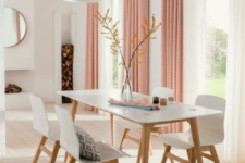 07 a white dining room made fresher and cooler with peachy pink printed curtains – that’s an easy and fast way