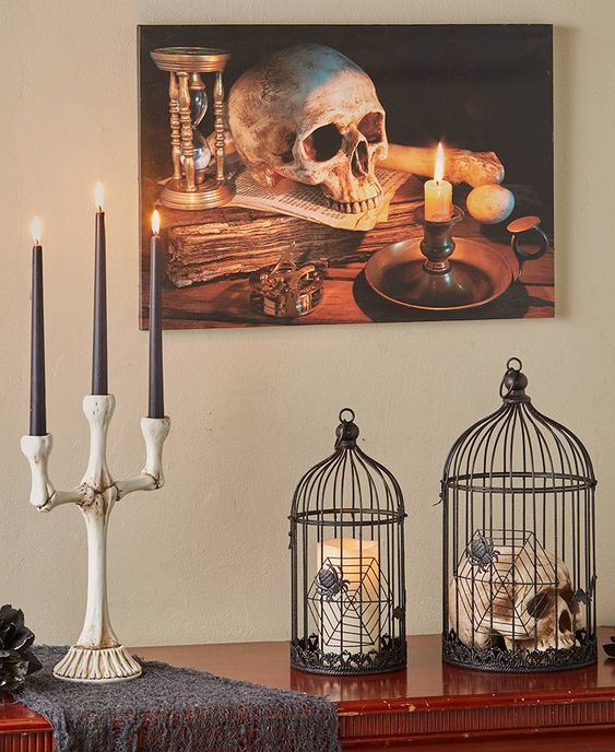 a bone candelabra with tall black candles is a timeless Hallowene decoration, which can be DIYed