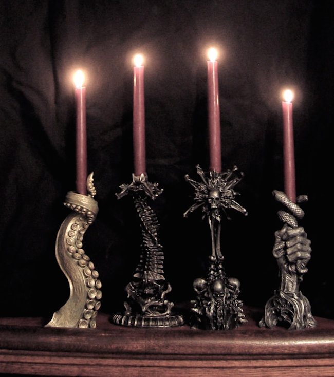 creepy Gothic candleholders with skulls, snakes, skeletons, octopi and other scary stuff
