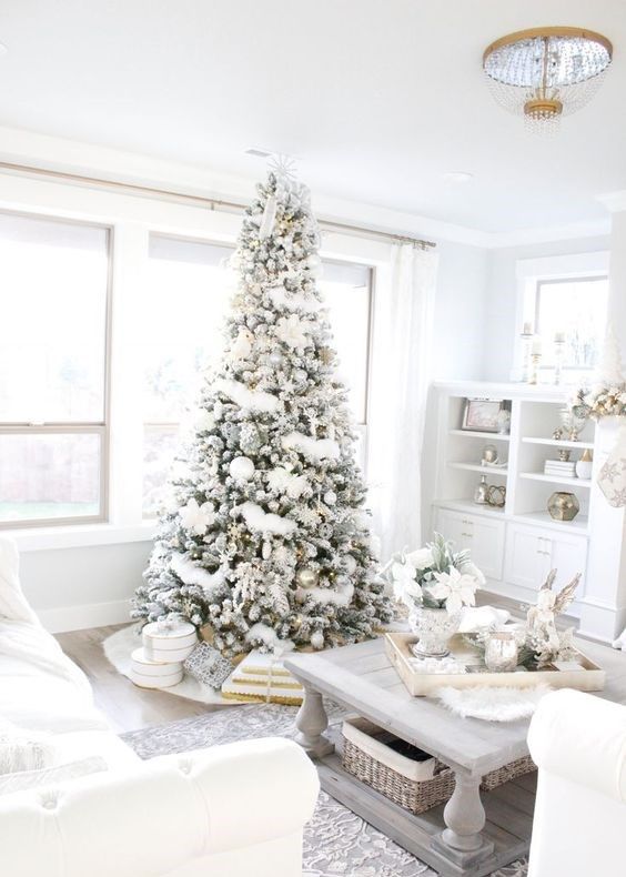 a flocked Christmas tree with metallic and white ornaments and lots of gift boxes in white around