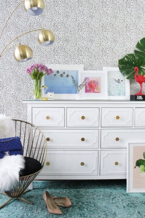 an IKEA Hemnes hack with inlays and geometric brass knobs looks very glam and chic and will accommodate all your stuff