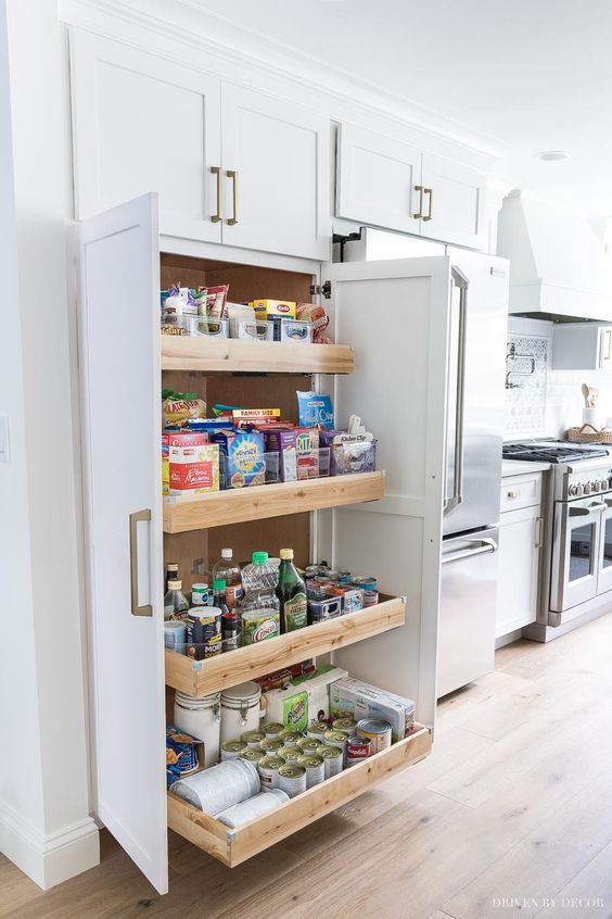 a neutral built-in pantry with pull-out drawers only is a cool idea with maximal functionality