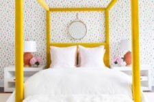13 a bold yellow velvet upholstered canopy bed is a colorful statement in the bedroom that brings cheer