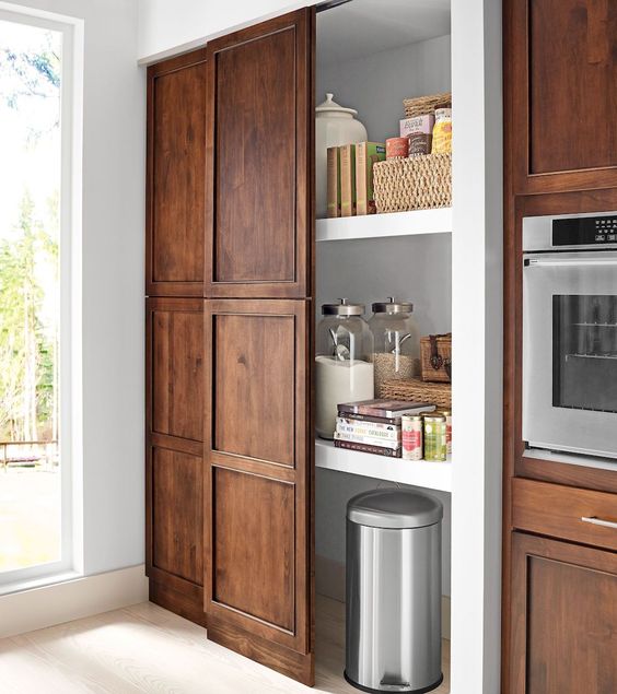 a built-in pnatry with a sliding traditional door that matches the whole kitchen design is a cool idea