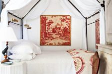 15 a cozy vintage bed with white curtains and beautiful forged decor on its top makes the bedroom refined