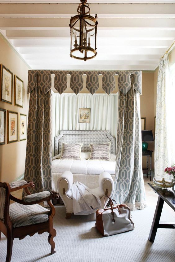 a creative printed canopy and matching curtains make the bedroom more refined, chic and give it a vintage feel