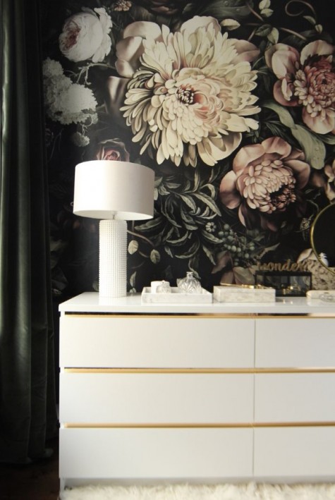 an IKEA Malm dresser refreshed with gold contact paper looks very glam and minimalist at the same time