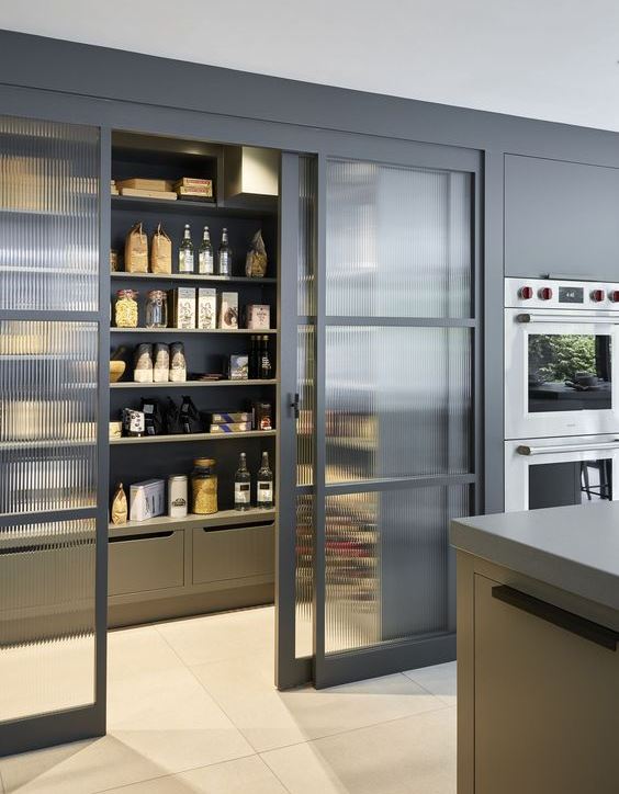 a large pantry with shelves and boxes and rain glass sliding doors that gently show off soem objects but not completely