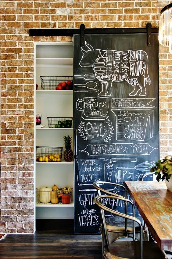 a built-in pantry with a cool door - a sliding chalkboard one, on which you can make notes and it won't take any space