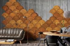 19 fish scale ocher-colored cork wall tiles can be used for creating your real wall art, not just as wall cover
