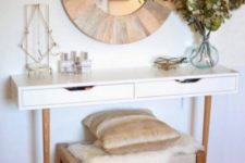 20 a chic makeover of an Alex unit into a tiny vanity with wooden legs and a matching woven stool is a chic makeup nook