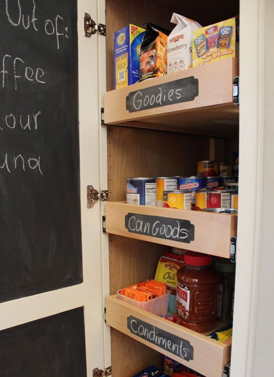 a small built-in pantry with a chalkboard door on both its sides - you can make hidden notes, too