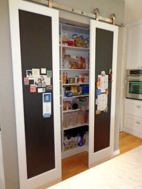 a small built-in pantry with sliding chalkboard doors - leave your notes, lists and pics on them