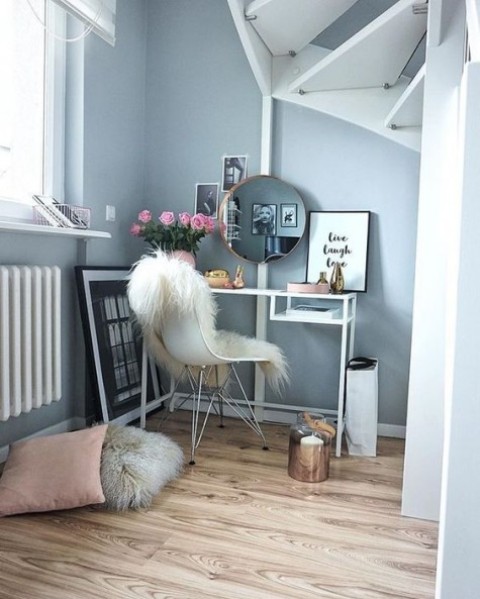 an IKEA Vittsjo desk used as a vanity table – just place it by the window to get more natural light for makeup