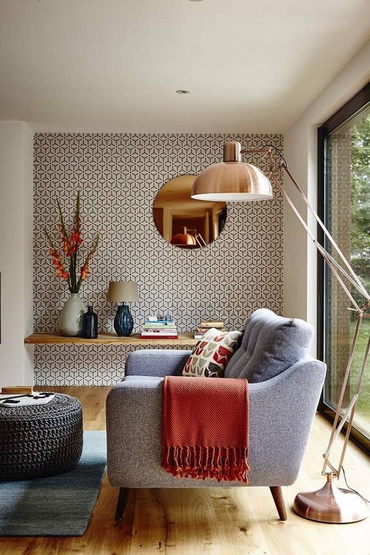 mid-century-inspired printed wallpaper wall is a chic and bold idea for a living room