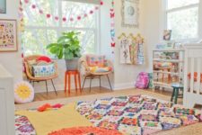 a bright nursery with layered colorful rugs, bright bedding and pillows, bright garlands and toys