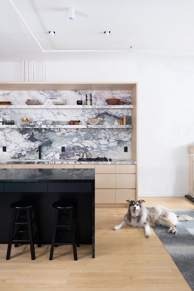 The kitchen features sleek plywood cabinets with a cool mable backsplash and open shelving