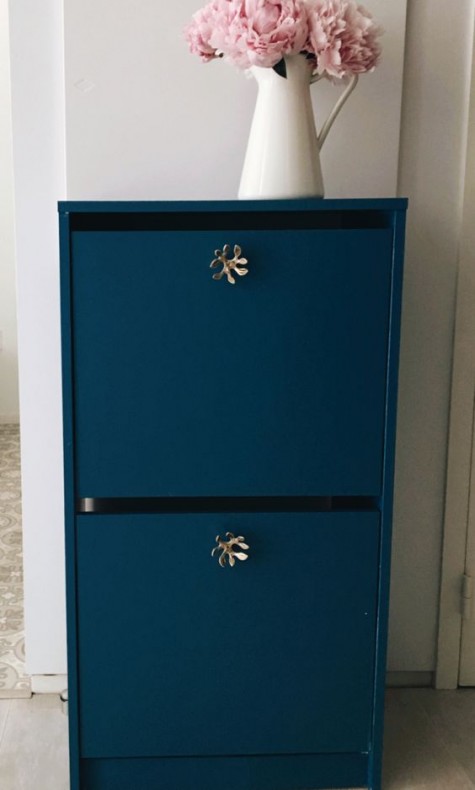 a bold blue IKEA Bissa cabinet with catchy brass knobs will add color to your space and a refined touch, too