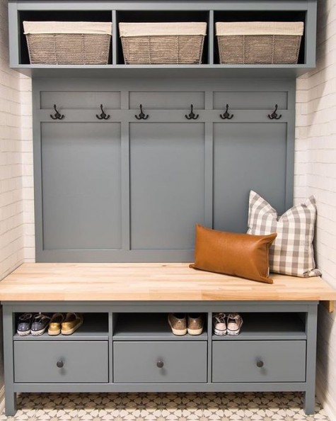 an entryway bench and storage piece with wooden boxes and drawers of IKEA Hemnes will fit a large mudroom or entryway