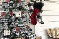 07 buffalo check ornaments, buntings and ribbons, stockings, an artwork and gifts wrapped into buffalo check and plaid