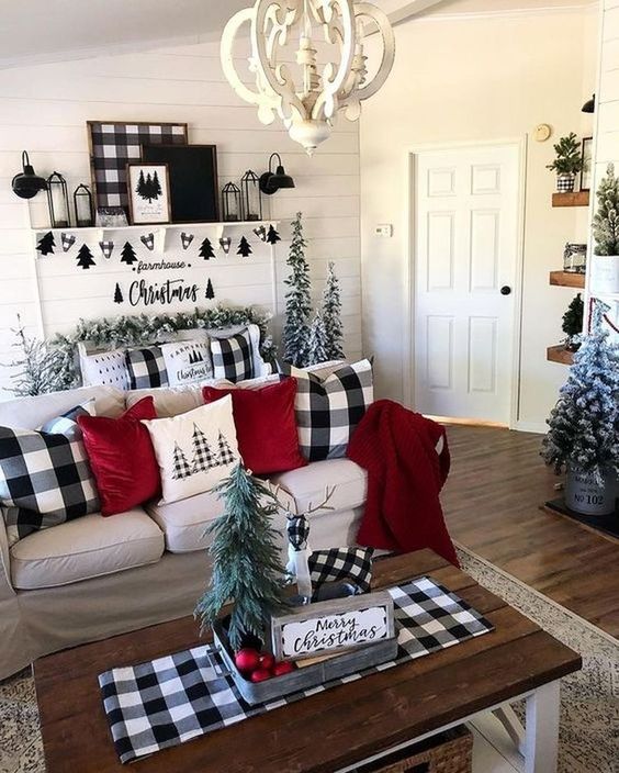 buffalo check pillows, a tablecloth, an artwork and a mix of black and white for bold Christmas decor